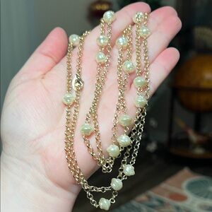 Classic Vintage Gold Faux Pearl Long Layering Necklace